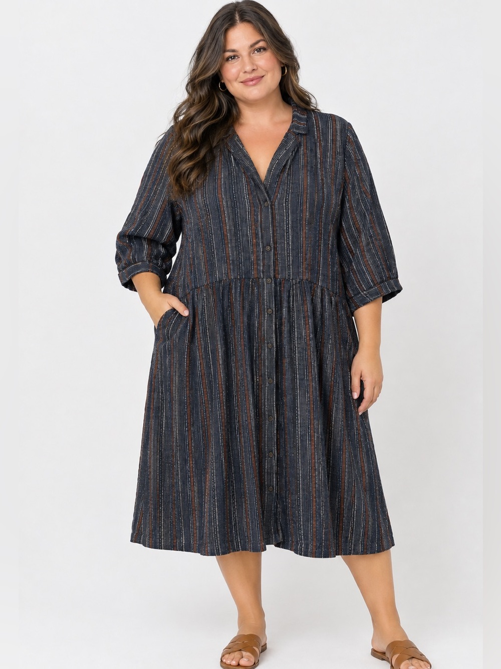 Poetry Boho Dress Organic Cotton Hemp A Line Babydoll Blue Stripe Midi Sz 16